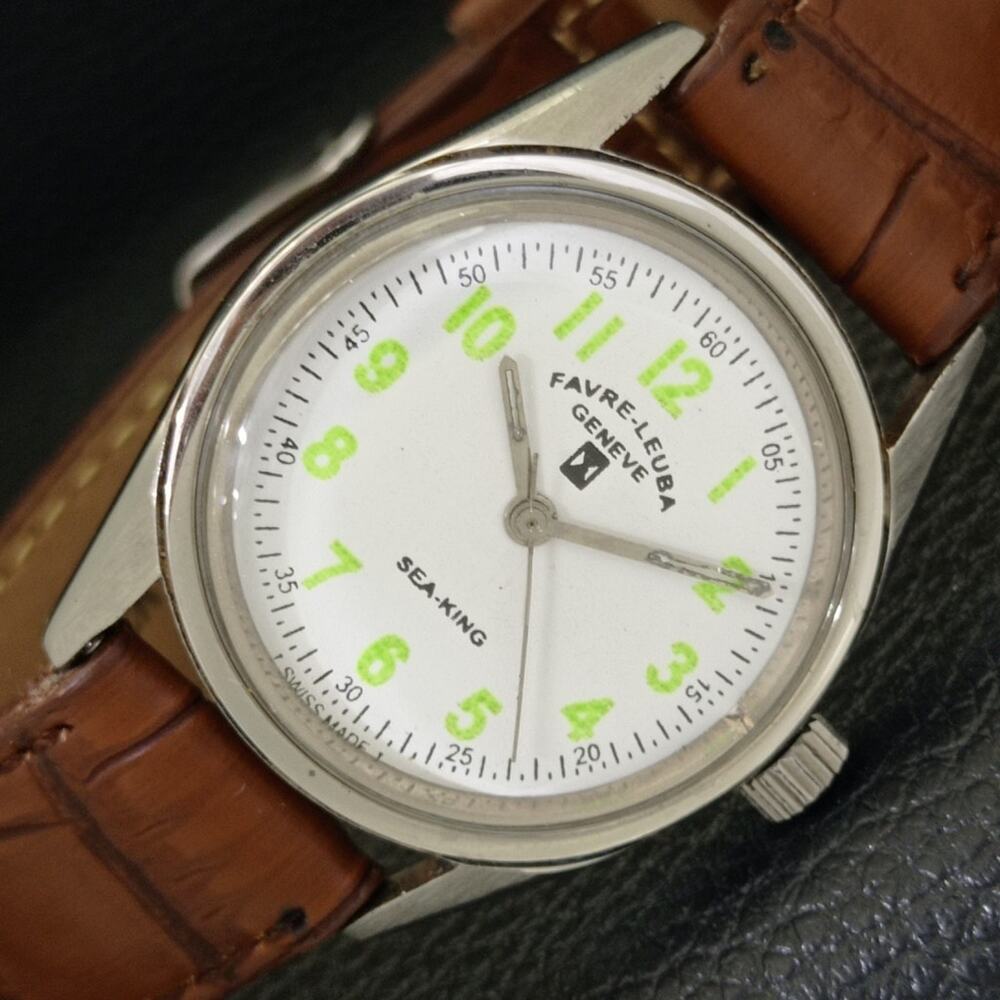 Vintage 1974 Favre Leuba Manual Mens Silver Watch W/Leather Strap